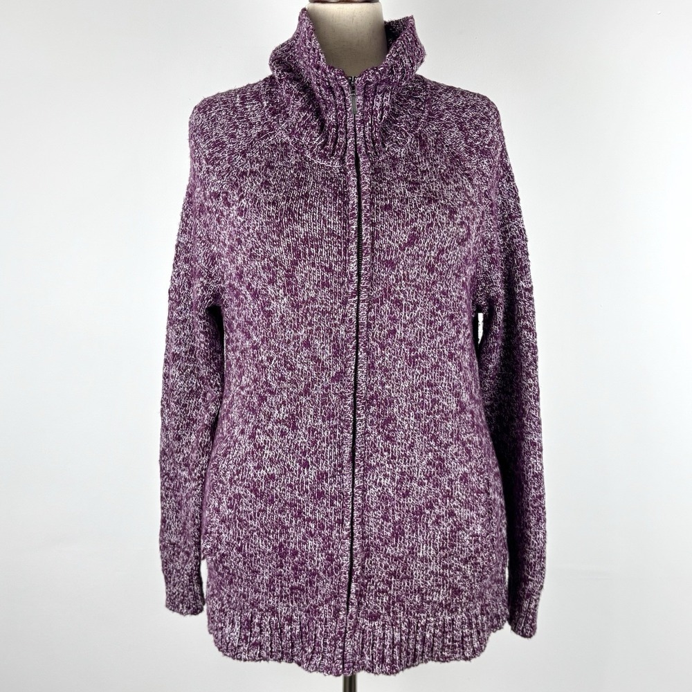 LL Bean Cardigan Women XL Purple Cotton Knit Zip Turtleneck Pockets Sweater Y2K